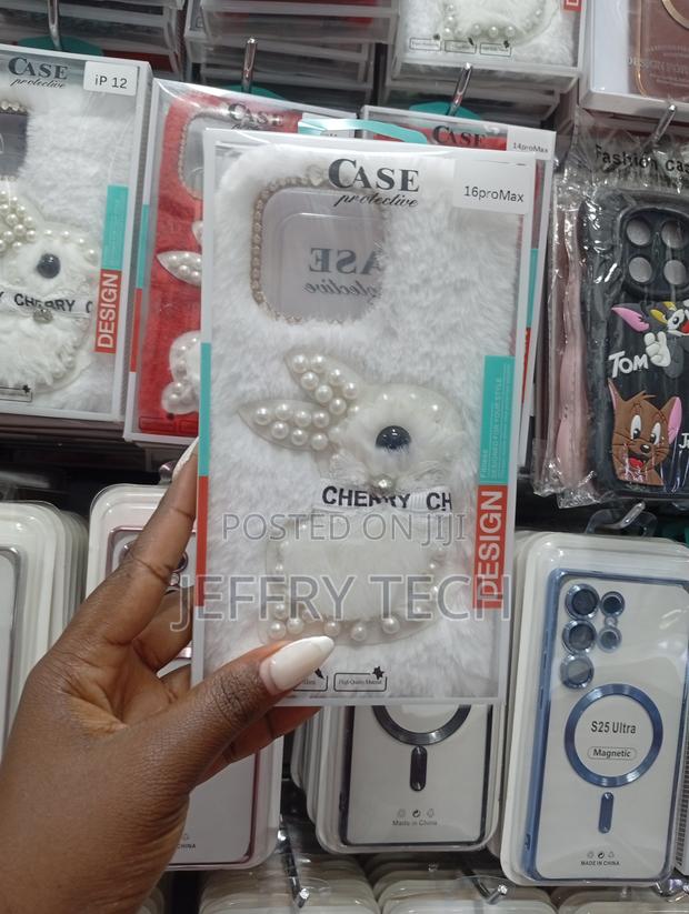 Fluffy White Phone Case With a 3d Bunny, Pearls, and Diamonds,