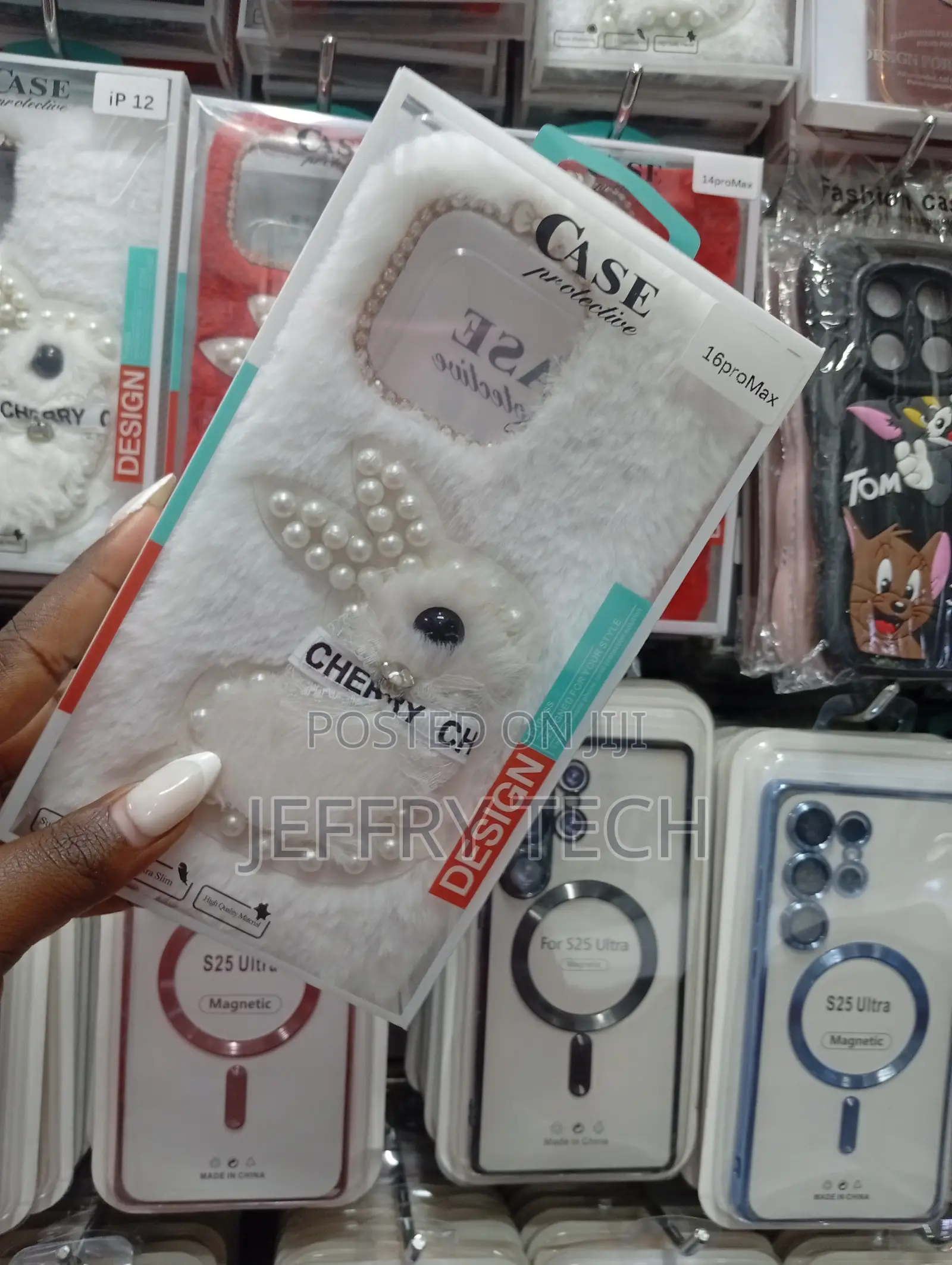 Fluffy White Phone Case With a 3d Bunny, Pearls, and Diamonds,