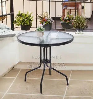 Dining Table; Durable Steel Frame Round Glass Top Table for Garden