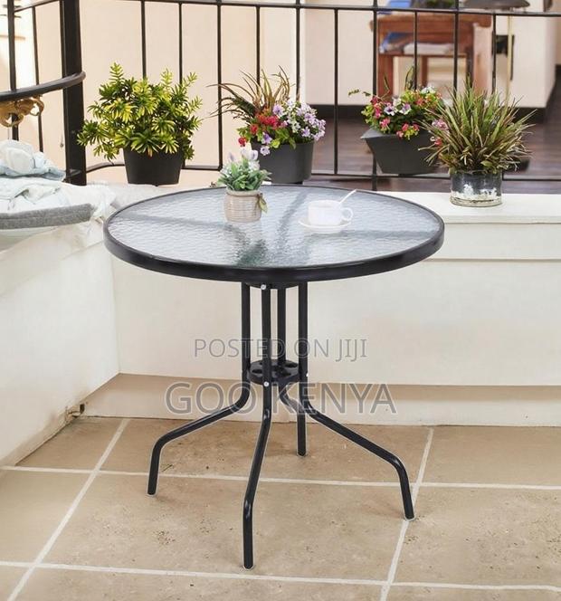 Dining Table; Durable Steel Frame Round Glass Top Table for Garden