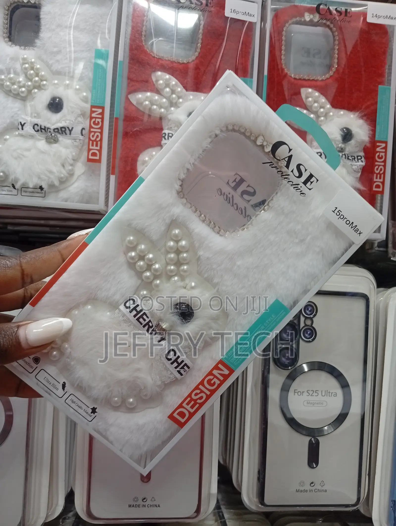Furry Plush Rabbit Phone Case With Pearl Embellishments,