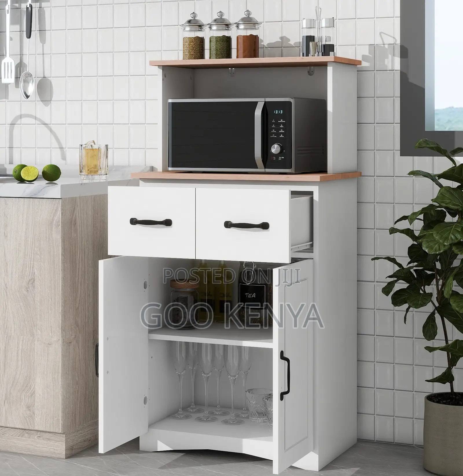 Kitchen Cabinet; Wooden Kitchen Storage Cabinet With Microwave Rack