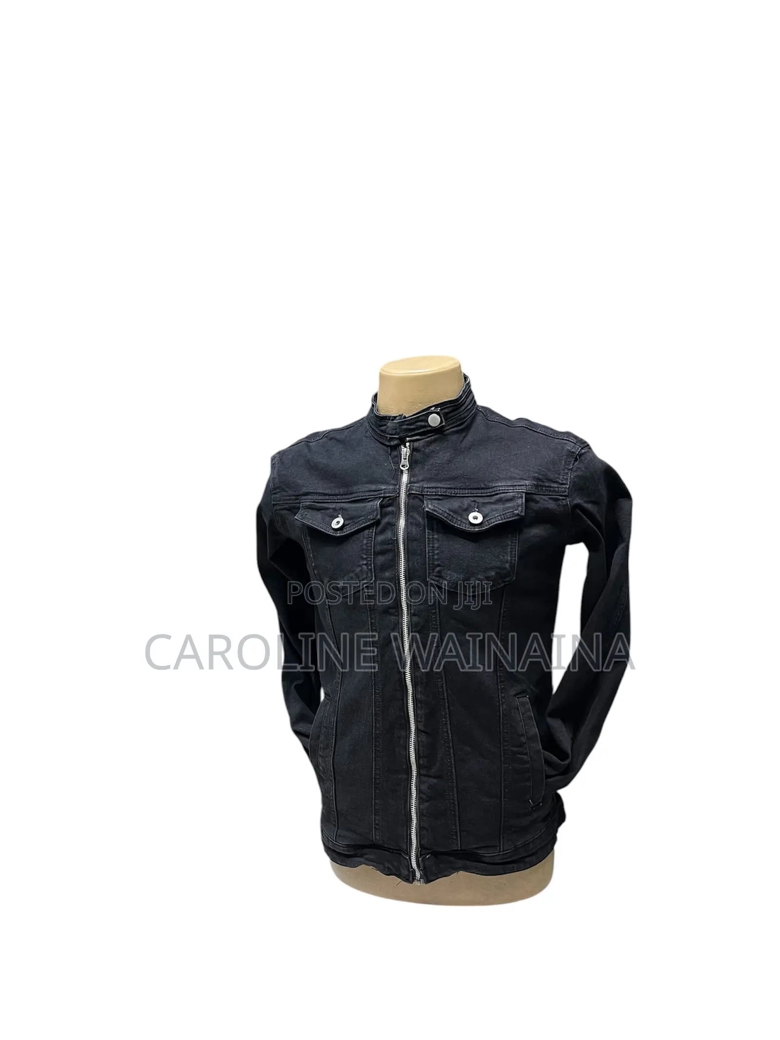 Chinese Collar Denim Jacket-Black