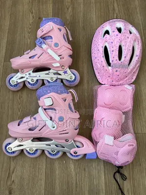 Pink Full-Set Adjustable Roller Skates for Kids( With Rubber Wheels)