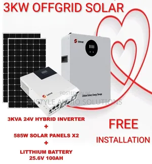 3kw Offgrid System - 2.56kwh(100ah) Lithium Ion - (2)585w Solar Panels
