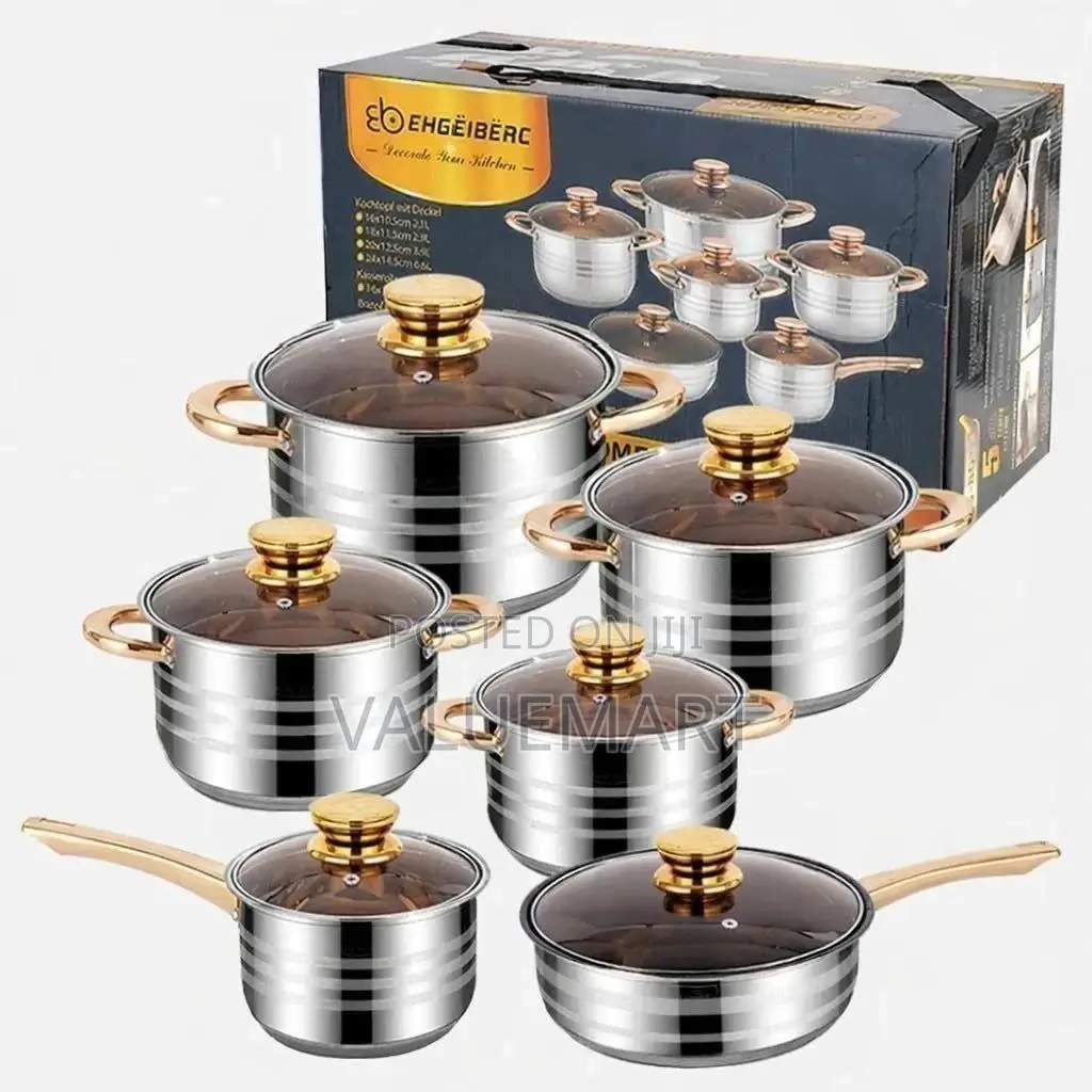 Stainless Steel Cookware -12 Piece Set, Gold Handle