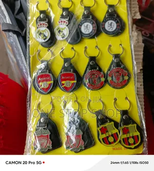 Football Club Keychain Metal Emblem Attached to Leather Fob