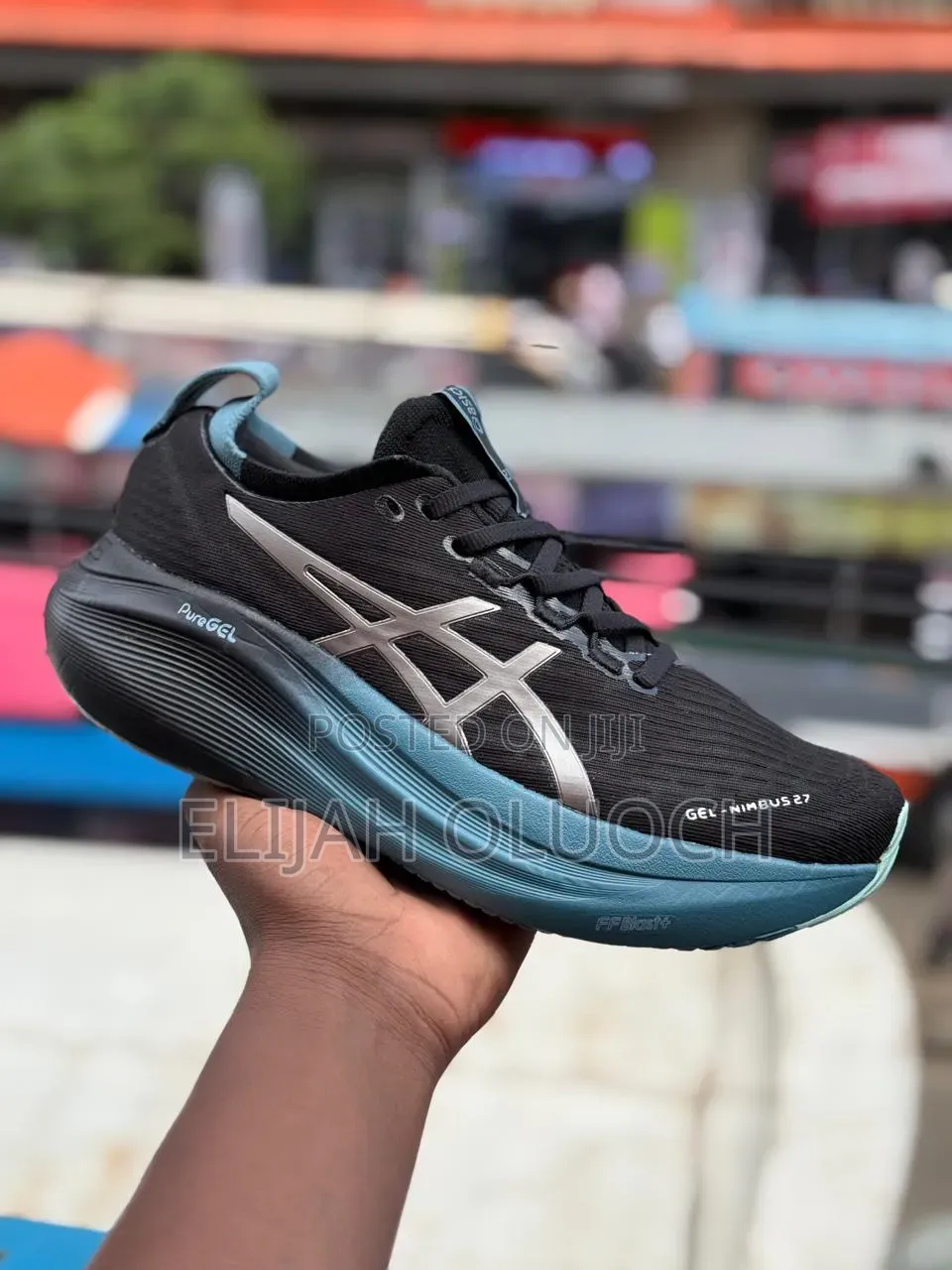 Asics Gel-Nimbus 27 Running Shoe in the Black/Clay Grey