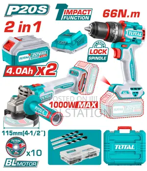 Cordless Drill and Angle Grinder Combo Kit With 2 X 4 Ah Batteries