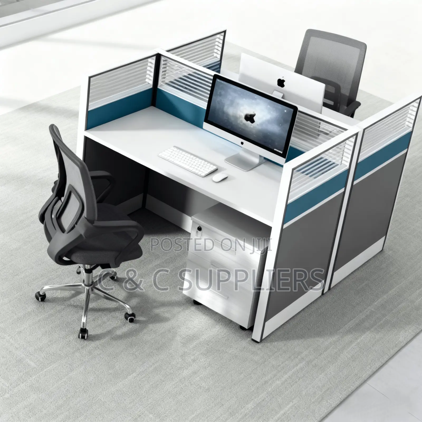 Office Desks; Single User Modern Office Workstation With Drawers (Blue