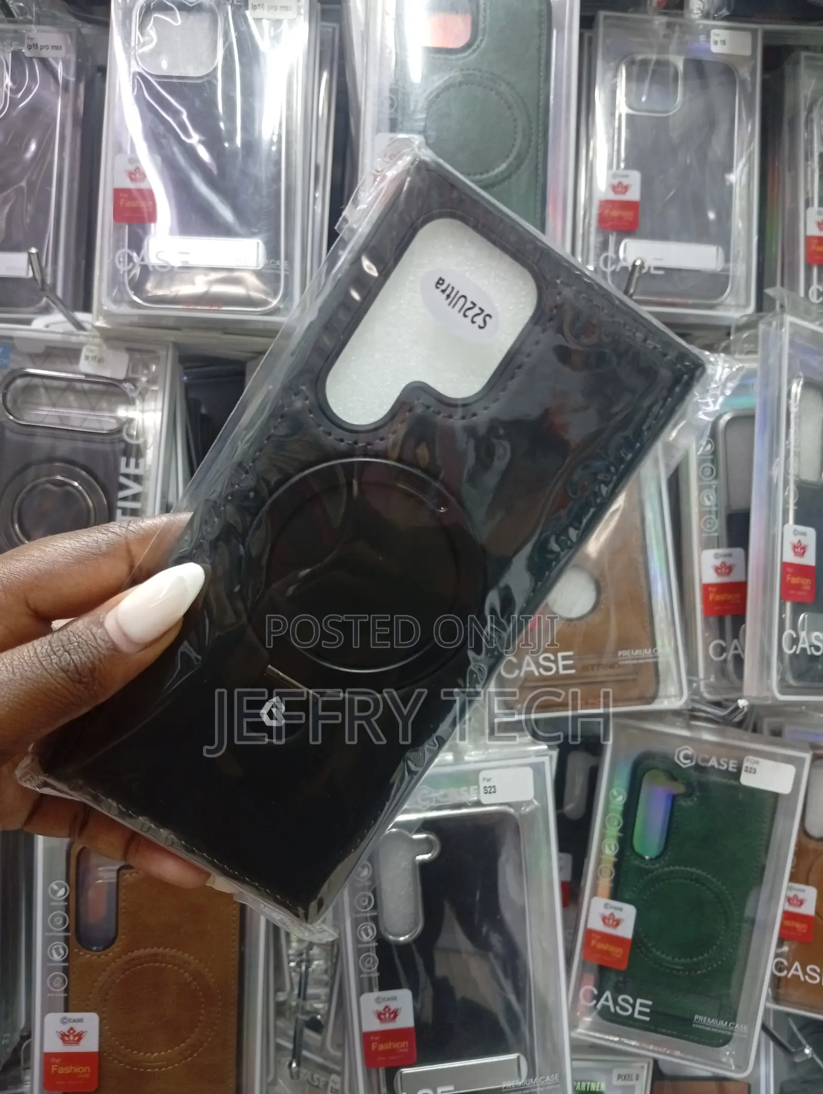 Black Faux Leather Phone Case With a Built-in Magnetic Ring Kickstand