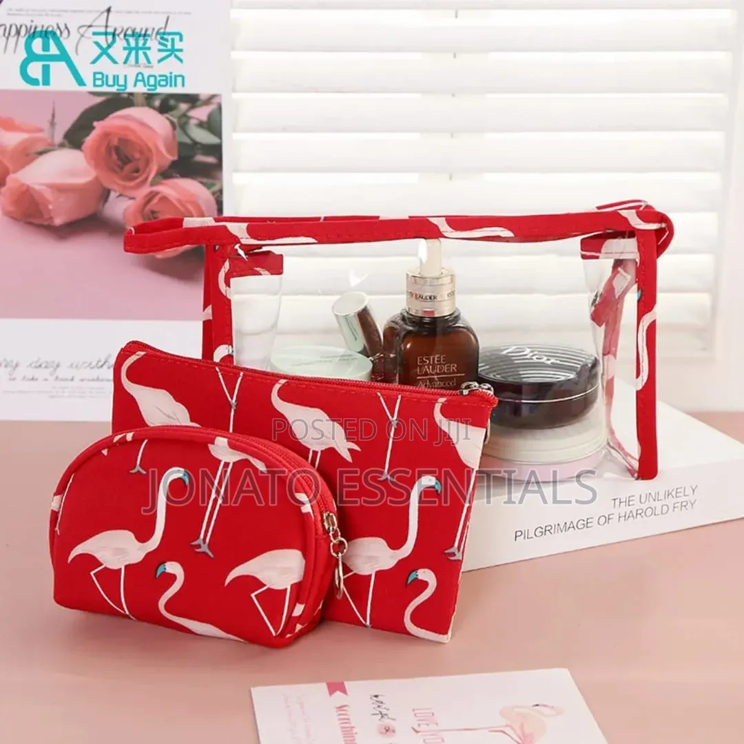 3-in-1 Transparent Flamingo Travel Makeup Bag Set