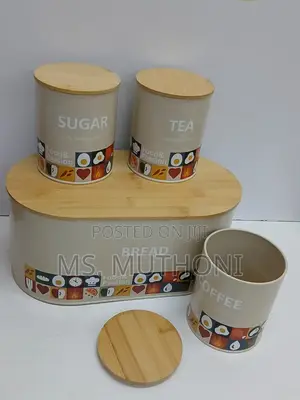 Food Passion" Brand Bread Bin and Canister Set With Bamboo Lids.