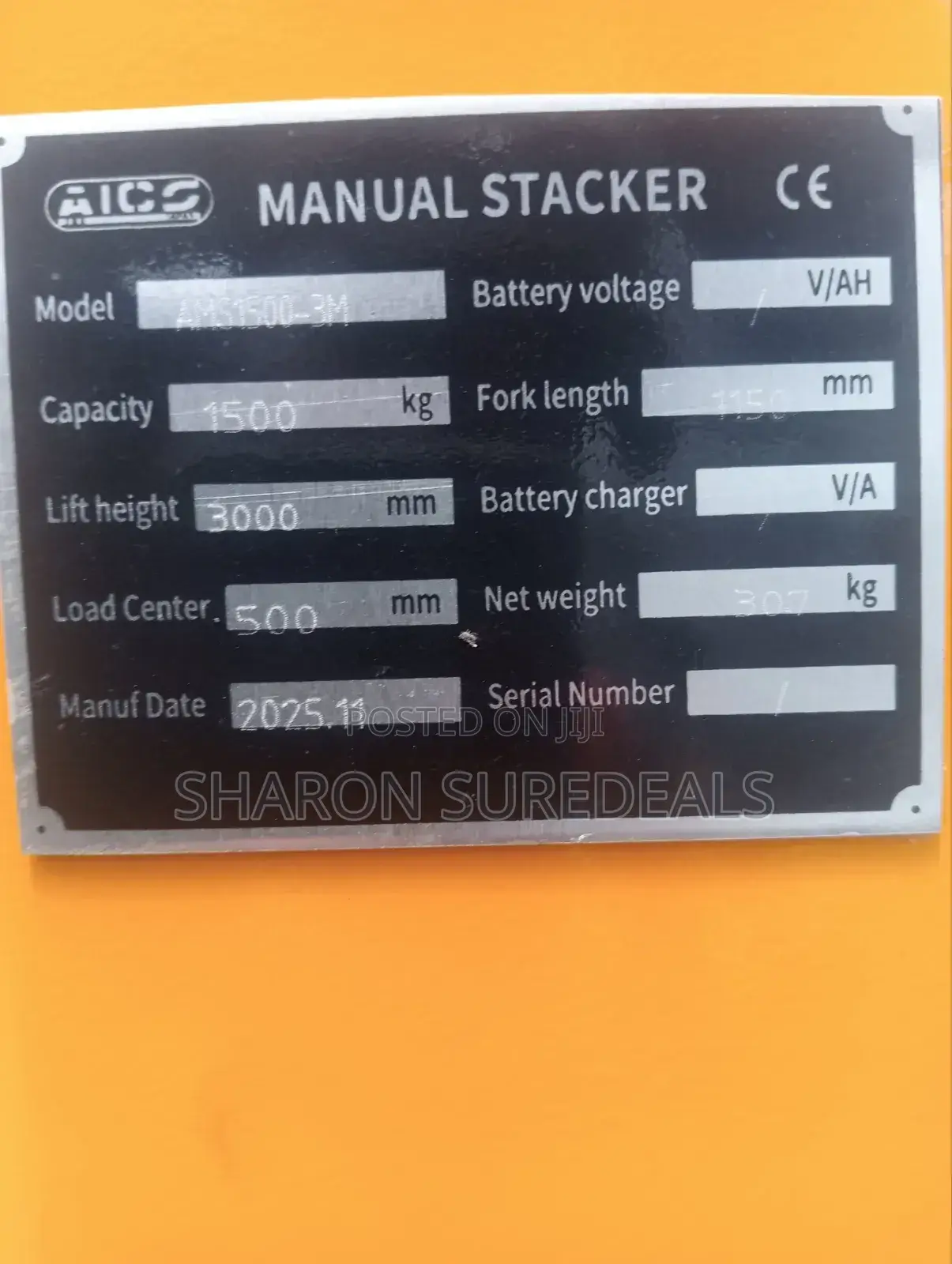 Pallet Stacker Manual Operated 1.5tonne×3tonne