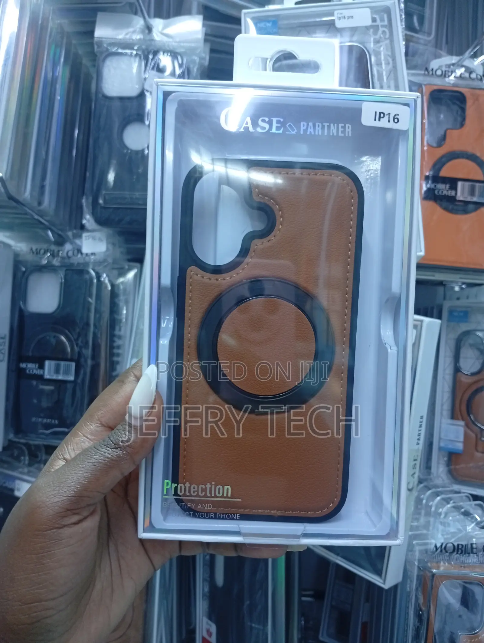 Case Partner Brand Leather Magnetic Ring Case for the iPhone 16.