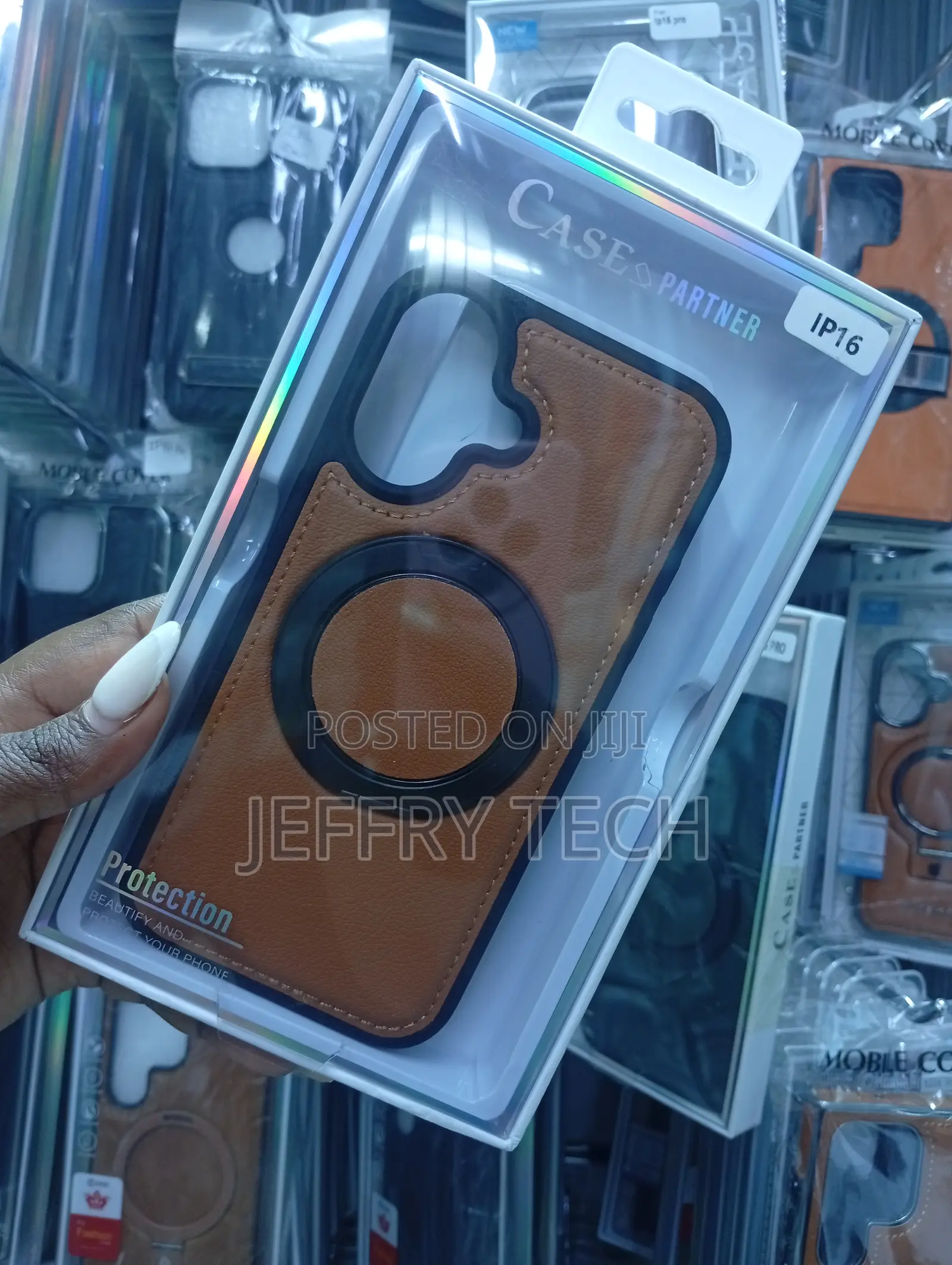 Case Partner Brand Leather Magnetic Ring Case for the iPhone 16.
