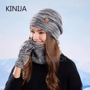 3pc Knitted Hat Beanie Cap Winter Cold Proof Hat Scarf Gloves Sets