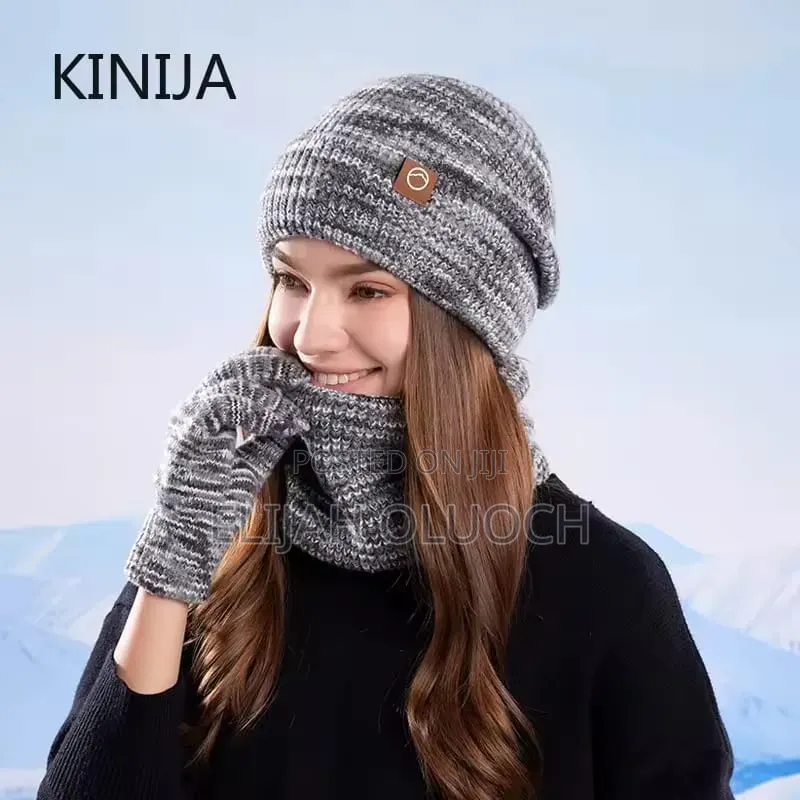 3pc Knitted Hat Beanie Cap Winter Cold Proof Hat Scarf Gloves Sets