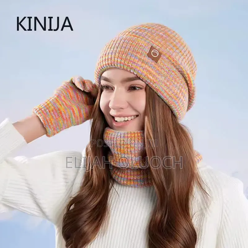 3pc Knitted Hat Beanie Cap Winter Cold Proof Hat Scarf Gloves Sets