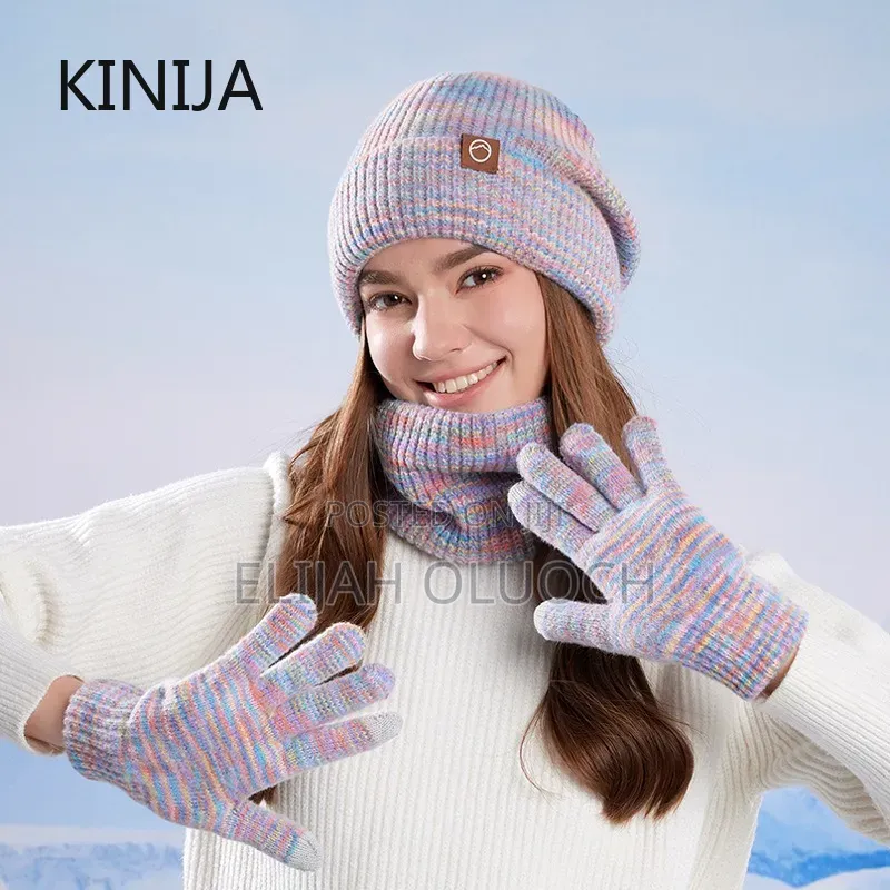 3pc Knitted Hat Beanie Cap Winter Cold Proof Hat Scarf Gloves Sets