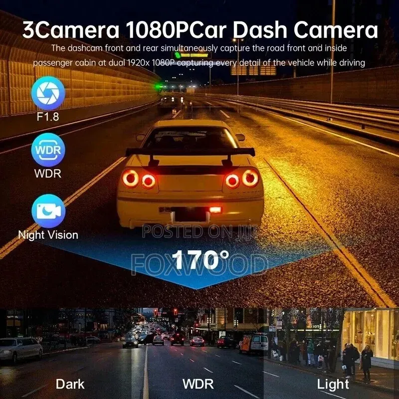 3in1 Lens Car Dash Cam 1080p