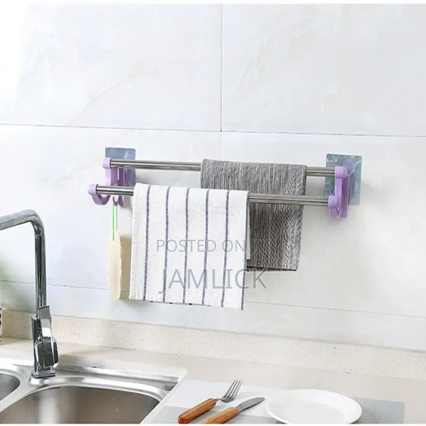 Bathroom Kitchen 54cm Self-Adhesive Double Pole Towel Holder – Hk