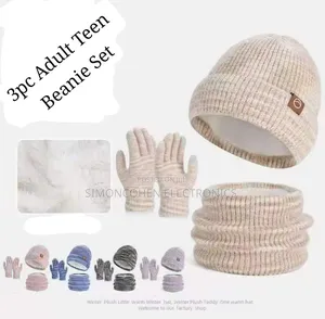 3pc Knitted Hat Beanie Cap Winter Cold Proof Hat Scarf Gloves