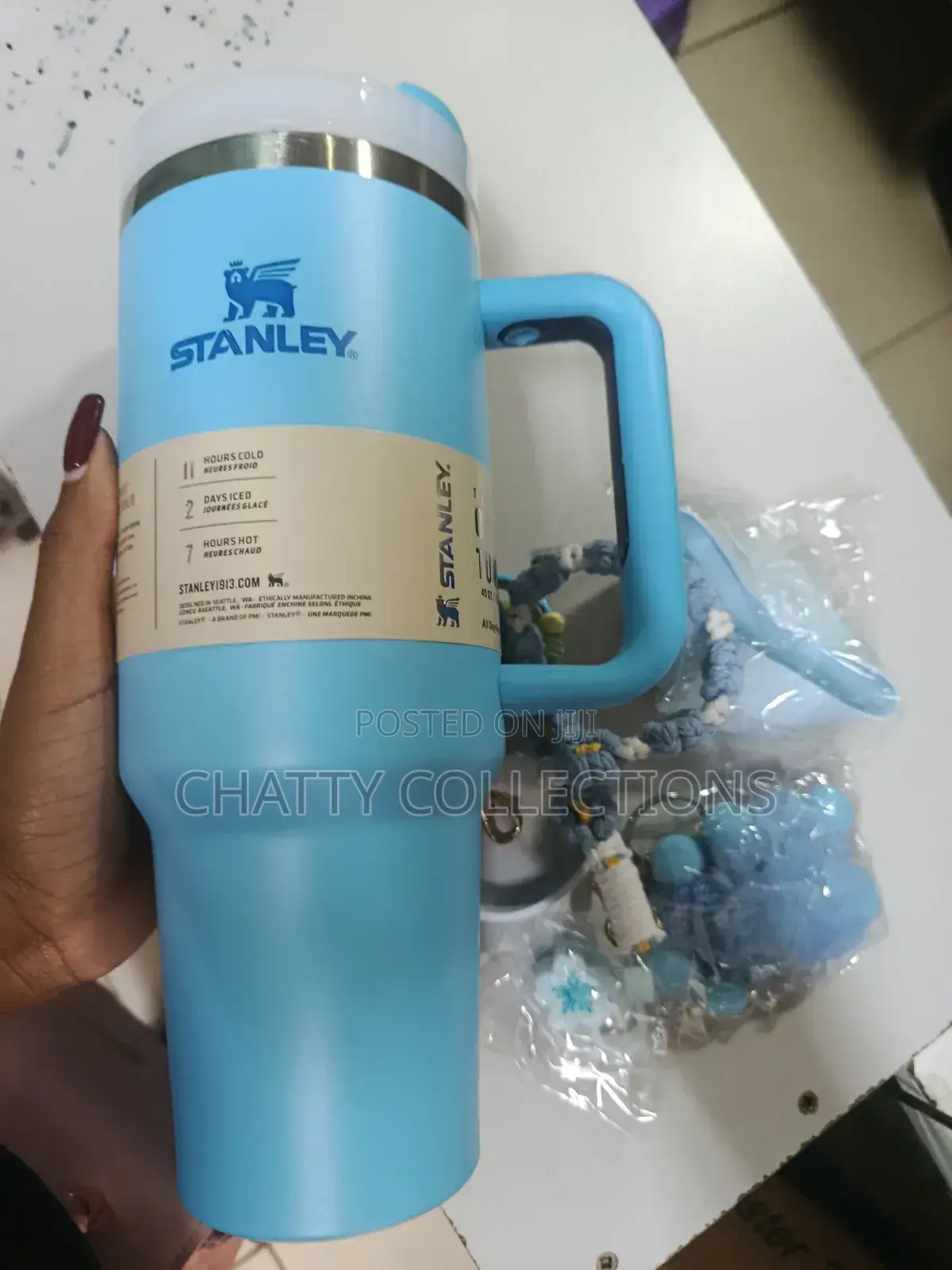 Blue Stanley Mug With Decorative Accessories