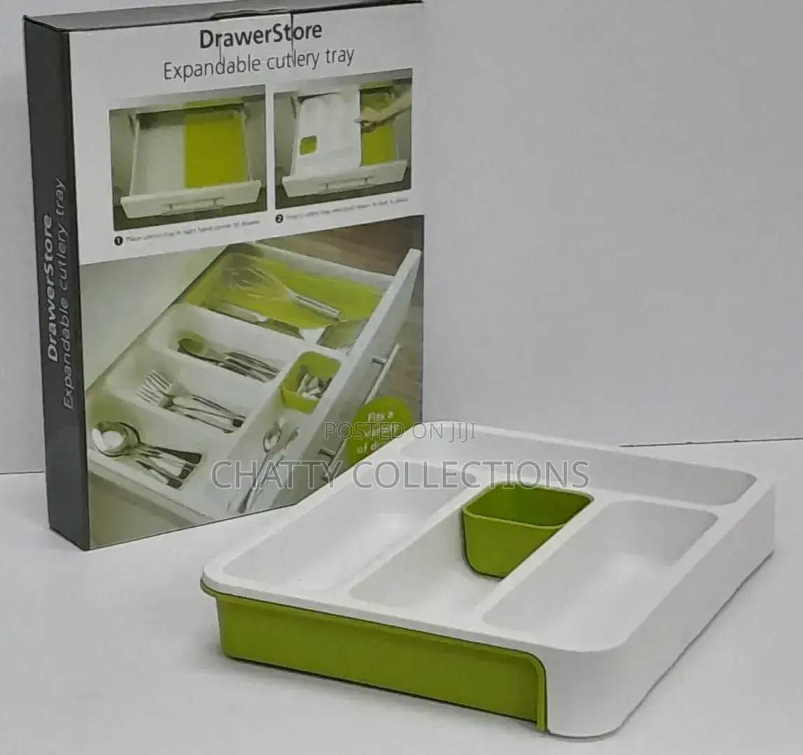 White and Green Multipurpose Plastic Cutlery Drawer Organizer