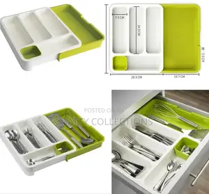 White and Green Multipurpose Plastic Cutlery Drawer Organizer