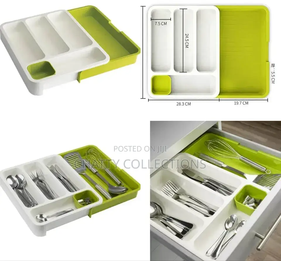 White and Green Multipurpose Plastic Cutlery Drawer Organizer