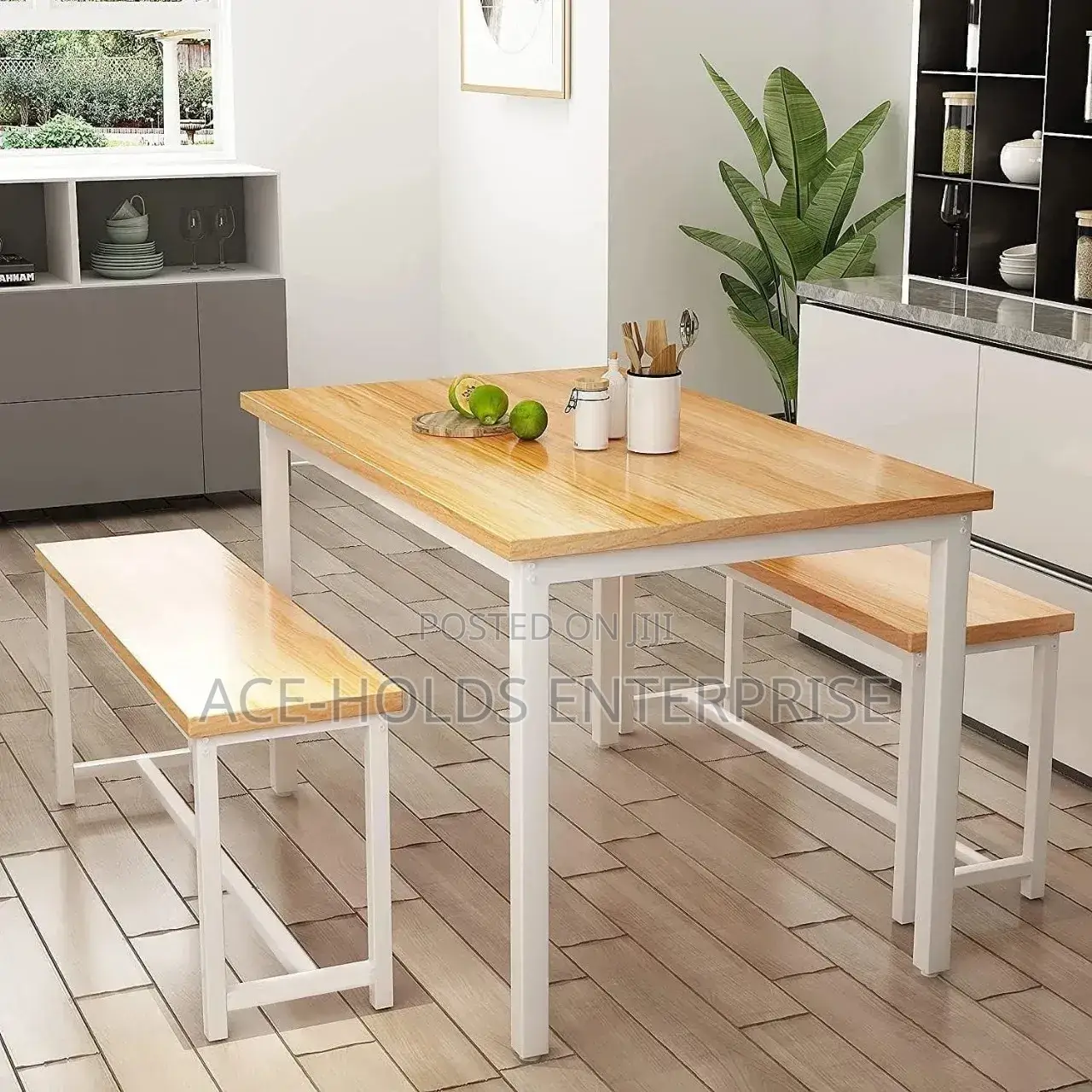 Diego Dining Table Set for 4 With 2 Benches Oak - In Brown and Black