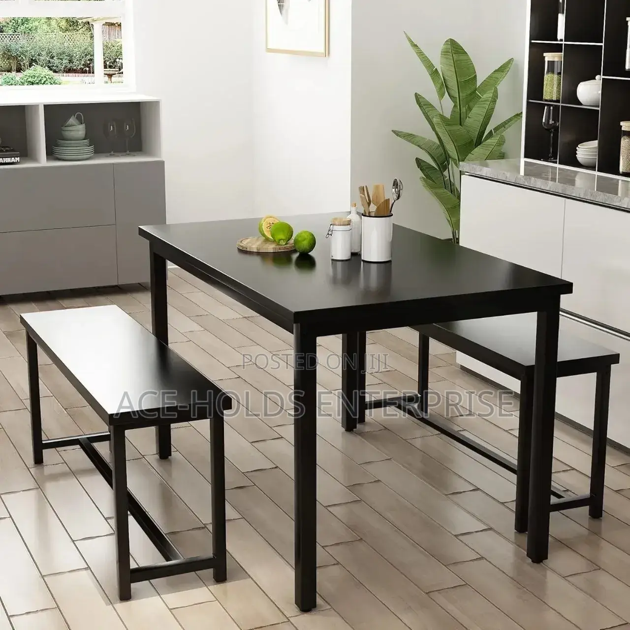 Diego Dining Table Set for 4 With 2 Benches Oak - In Brown and Black