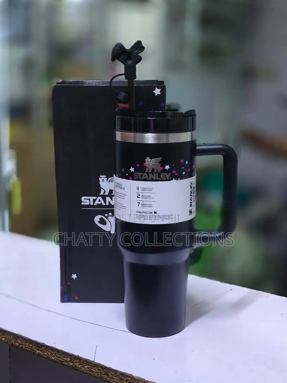 Black Original Star Effect Stanley Mugs With Straw Brush and Topper