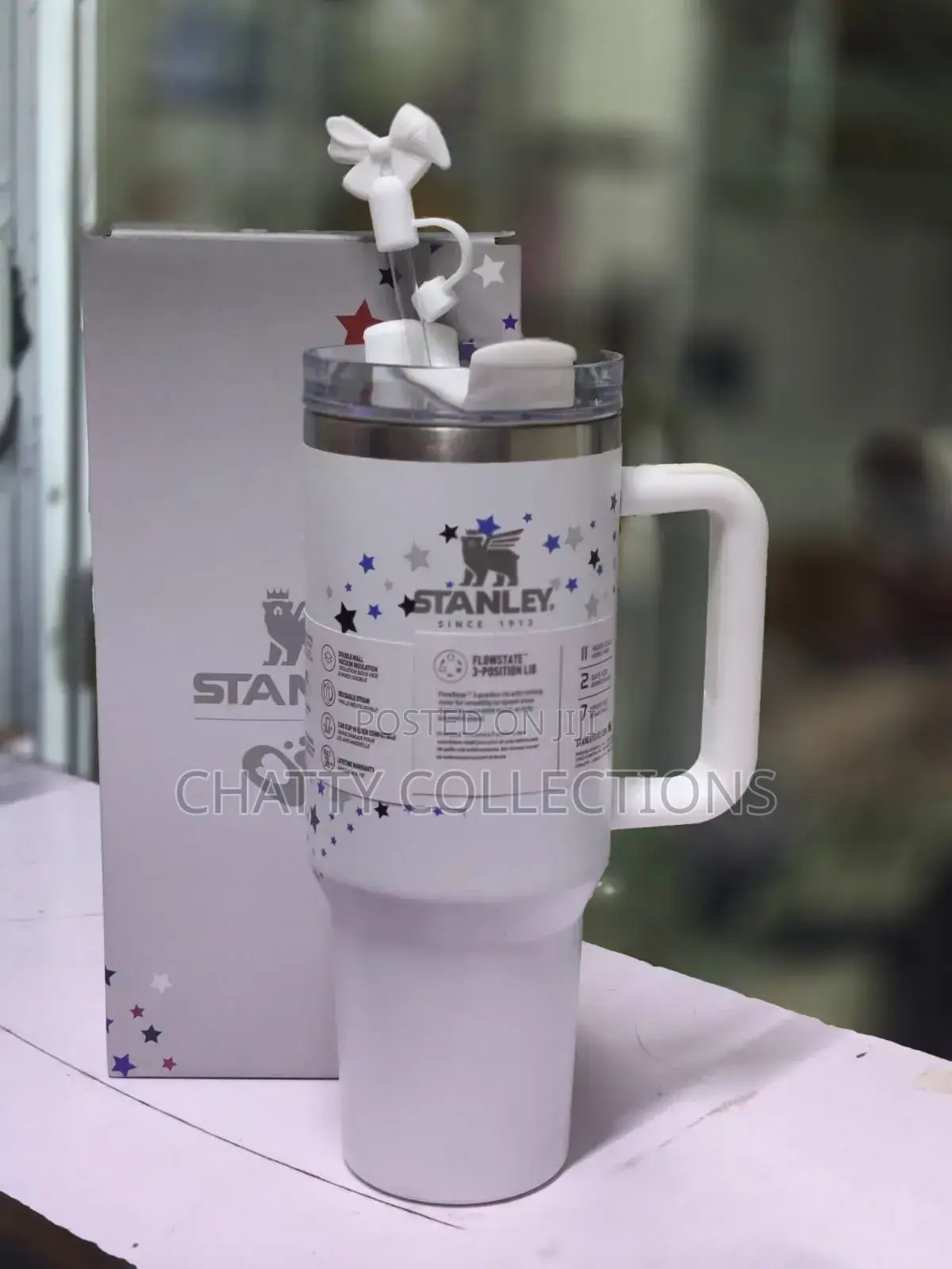 White Original Star Effect Stanley Mugs With Straw Brush and Topper