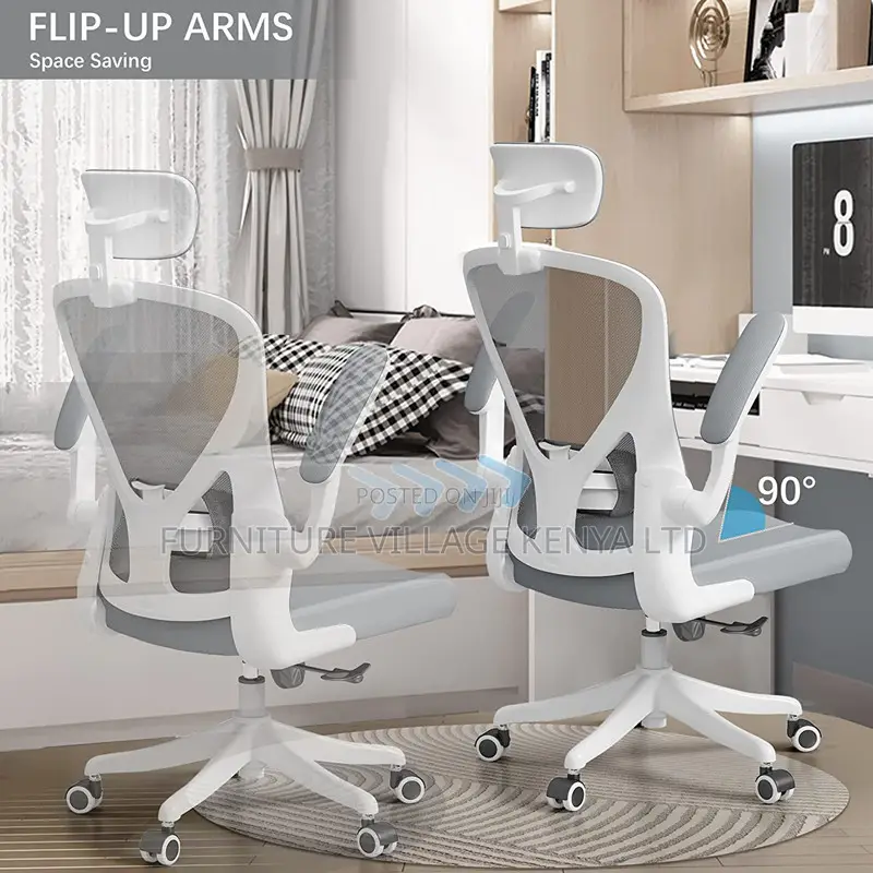 Swivel White Mesh Desk Seat With Adjustable Arms