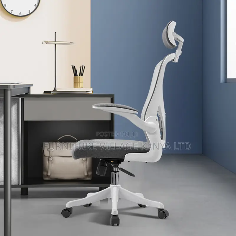 Swivel White Mesh Desk Seat With Adjustable Arms