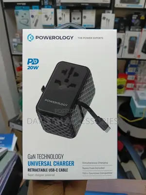Powerology Gan Universal Travel Charger With Retractable Usb-C Cable.
