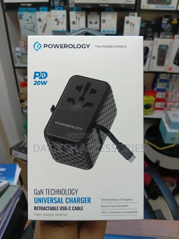 Powerology Gan Universal Travel Charger With Retractable Usb-C Cable.