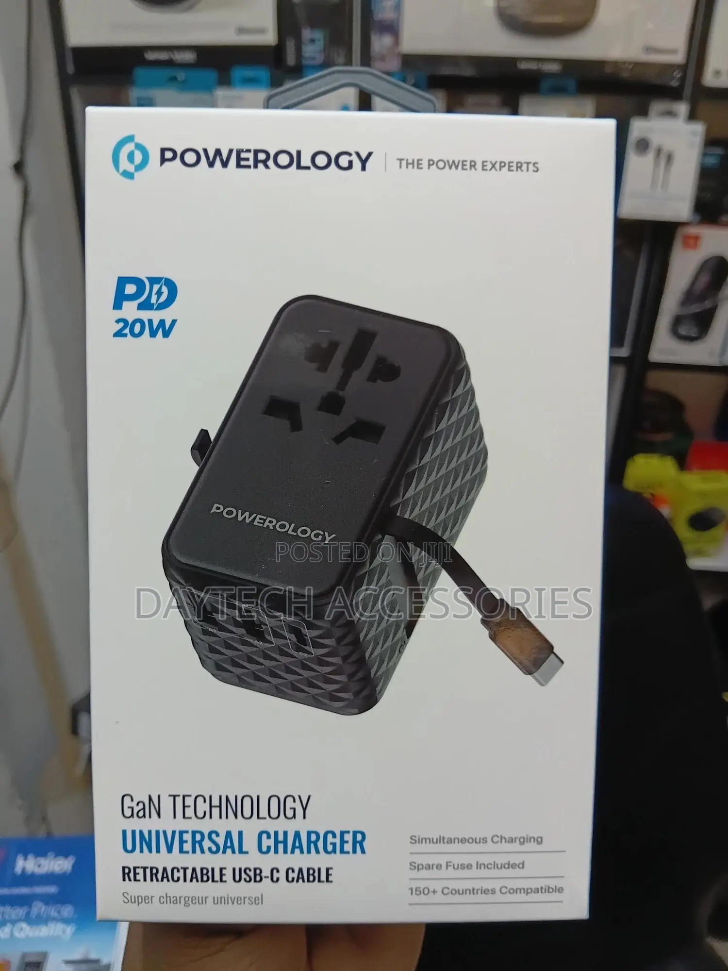 Powerology Gan 20w Pd Travel Adapter With a Retractable Type-C Cable.