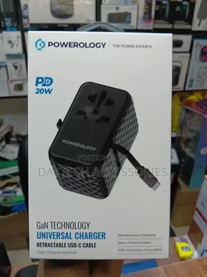 Powerology Gan 20w Pd Travel Adapter With a Retractable Type-C Cable.