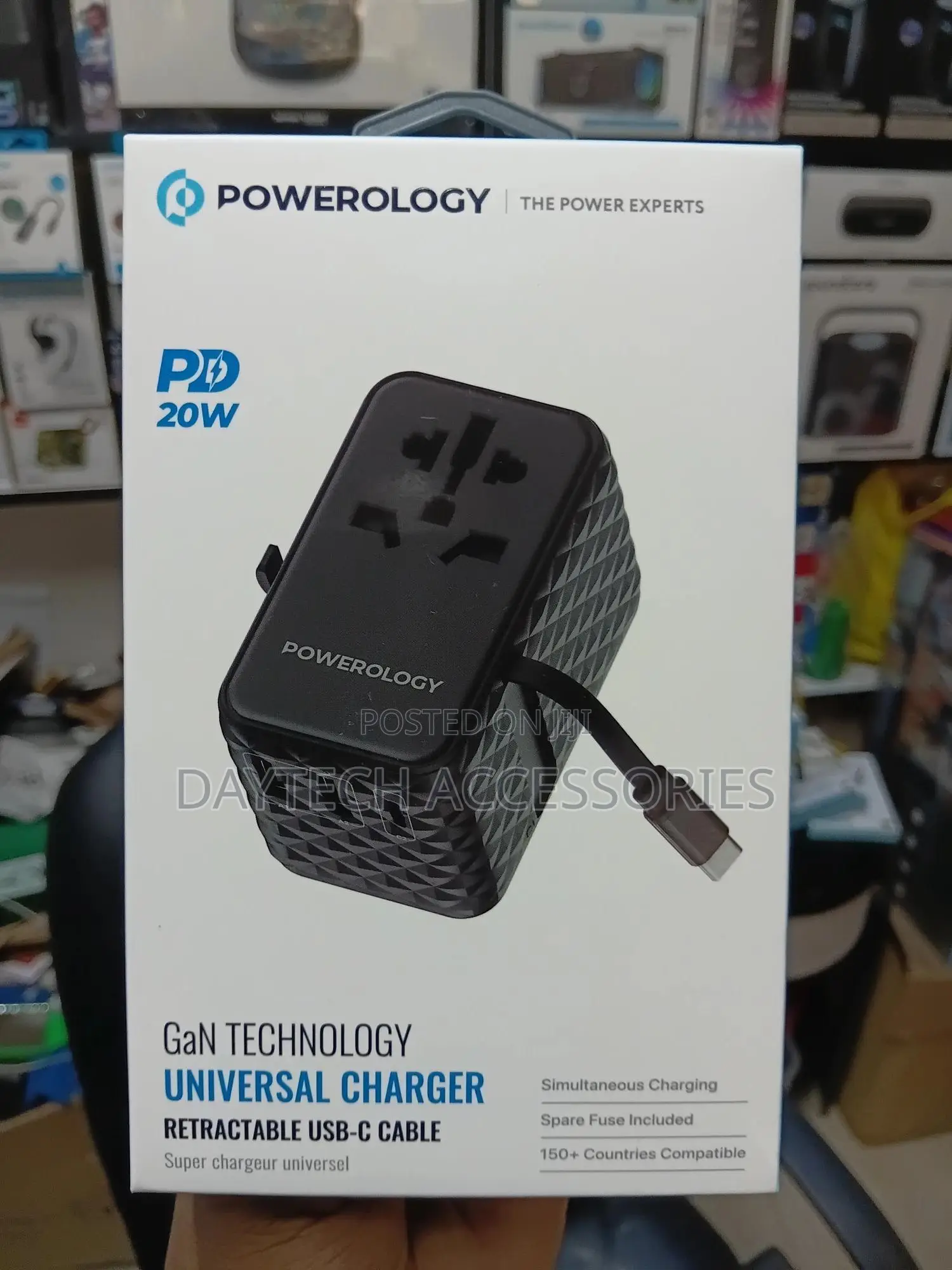 Powerology Gan 20w Pd Travel Adapter With a Retractable Type-C Cable.