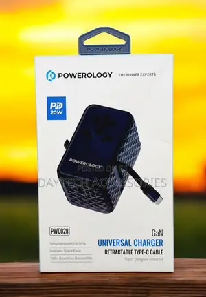 Powerology 20w Travel Charger Adapterwith a Retractable Usb-C Cable.