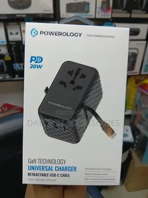 Powerology 20w Travel Charger Adapterwith a Retractable Usb-C Cable.