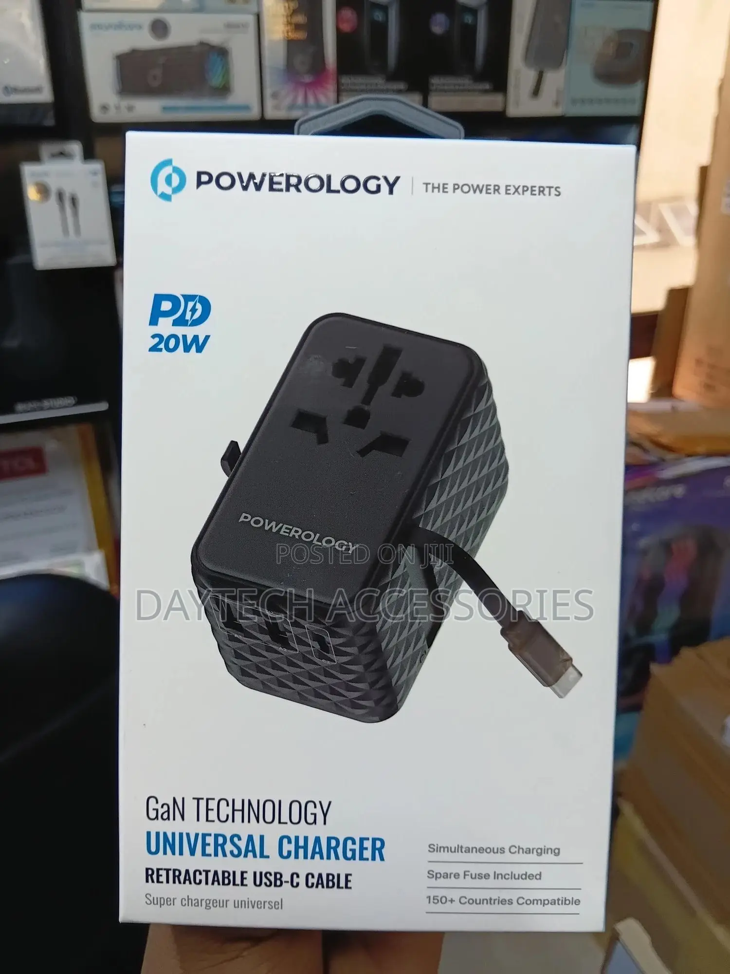 Powerology 20w Travel Charger Adapterwith a Retractable Usb-C Cable.