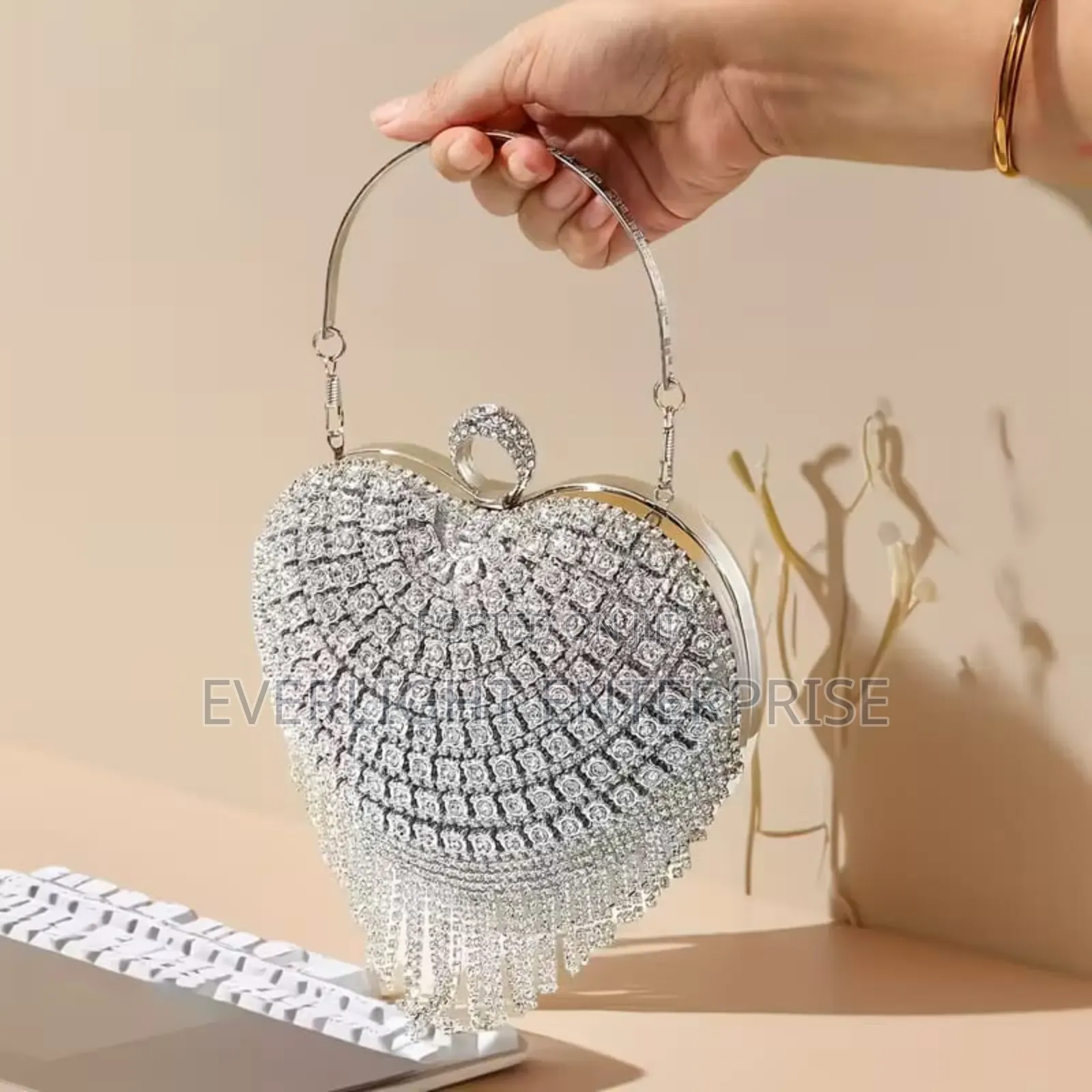 Heart-Shaped Evening Clutch Bag With Rhinestones