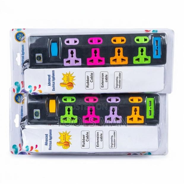 Heavy Duty 4-way Strip. 5m Cable.Universal Extension Cord. Usb Ports