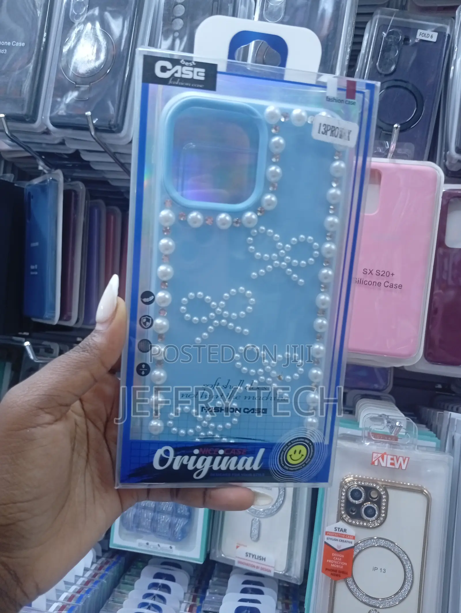 iPhone 13 Pro Blue Protective Phone Case Decorated With Pearls