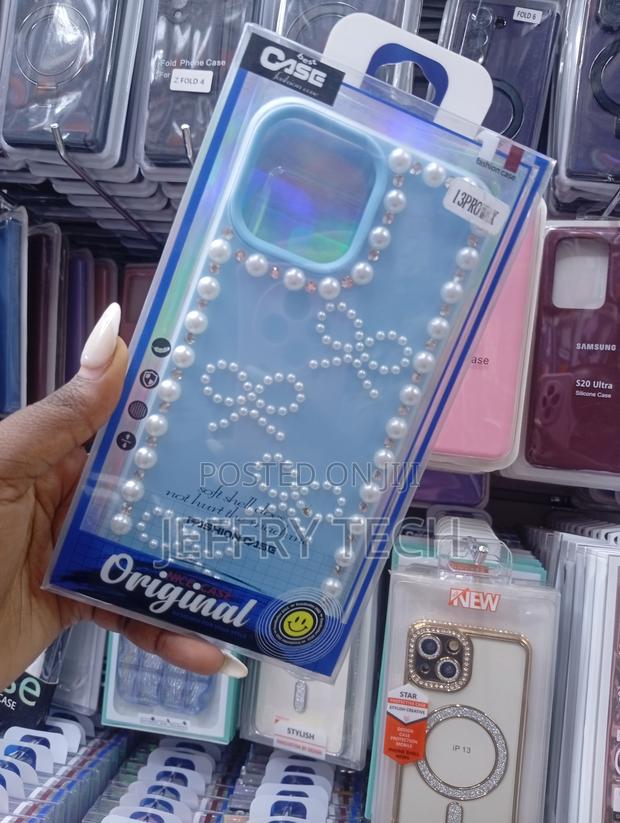 iPhone 13 Pro Blue Protective Phone Case Decorated With Pearls - thumbnail 2