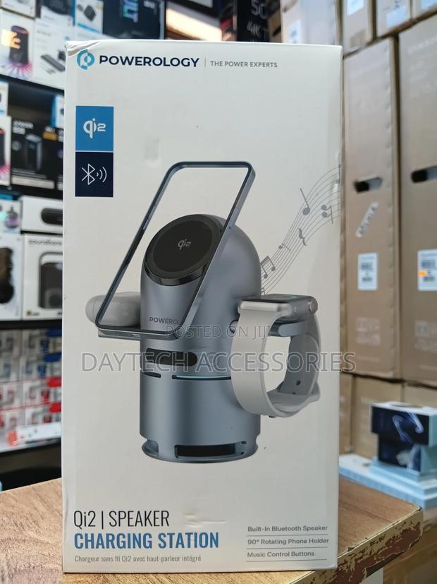 The Powerology Qi2 Speaker Charge Station - Grey - main view
